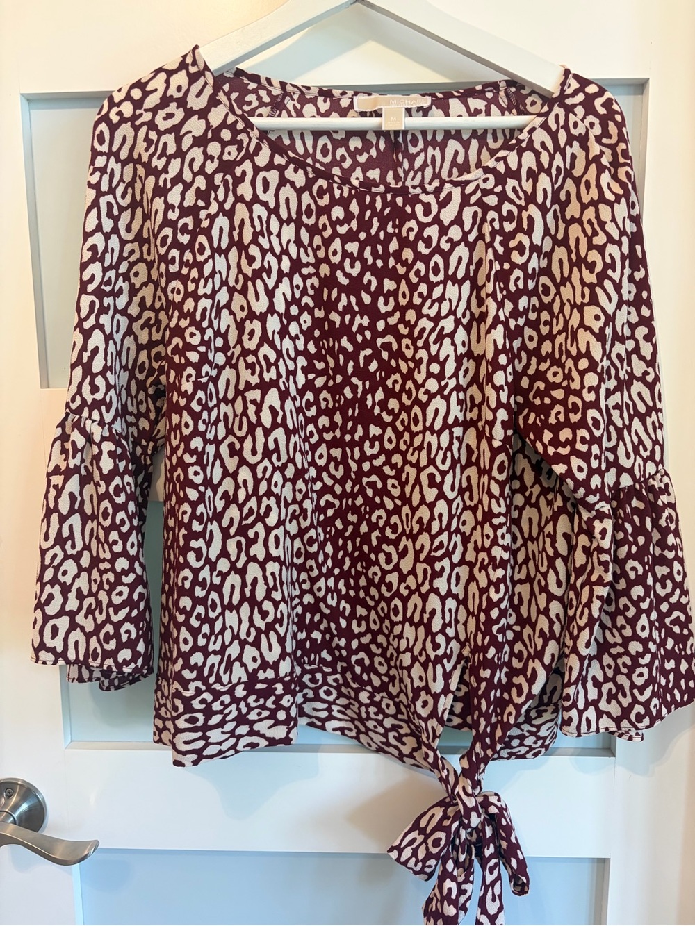 Michael Kors Burgundy and Cream Leopard-Print Tie-Hem Blouse